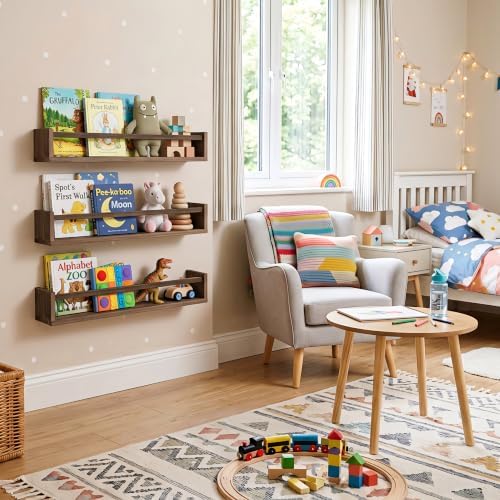 Fixwal Floating Nursery Book Shelves for Wall, 16.5in, Set of 3, Brown | Solid wood shelves store kids' books, toys and clothing. Fits kids' room, playroom, nursery, living room, bedroom & bathroom.