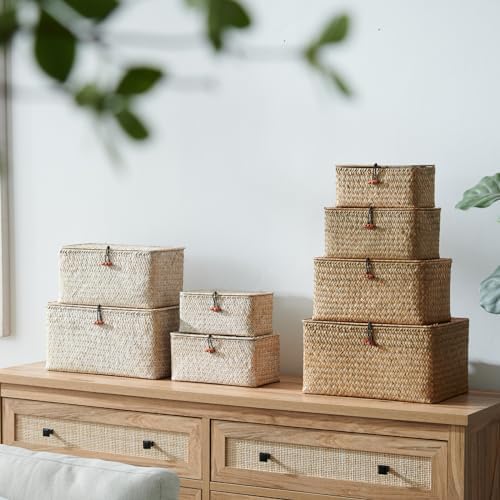 4 Pack, Wicker Baskets with Lids, Natural Seagrass Storage Baskets, Woven Rectangular Basket Bins, Rattan Storage Organizer for Shelf (Whitewashed, Set of 4)