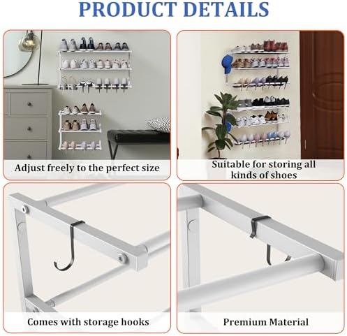 Wall Mounted Shoe Rack, 3 Tier Hanging Shoe Rack Holds 12 Pairs, 17"-30" Adjustable Heavy Duty Metal Shoe Organizer Holder with 2 Storage Hooks, Space Saving for Closet Entryway Doorway（White