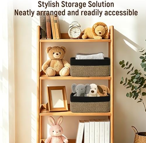 Shallow Storage Baskets for Shelves, 15x11x5.1 Inch Woven Baskets for organizing, 2 Pack Storage Bins for Nursery, Bathroom, Closet, Decorative, Black Brown