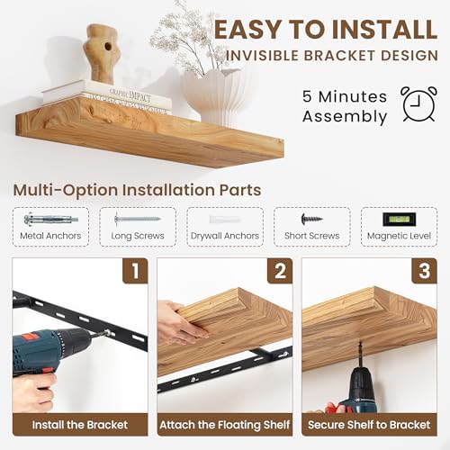 Acovy Extra Deep 32" Long Rustic Solid Wood Floating Shelves for Wall, Wall Shelves with Invisible Bracket for Living Room Bathroom Bedroom Kitchen, Set of 2, Natural