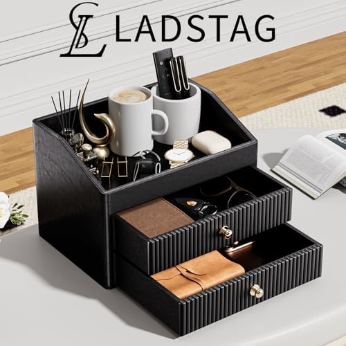 LADSTAG Office Supplies,Black Vegan Leather Office Organization with 2 Drawers & Tray,Glasses Holder with Gold-Tone Metal Accents Knob for End Tables,Bedside Table,Bedroom