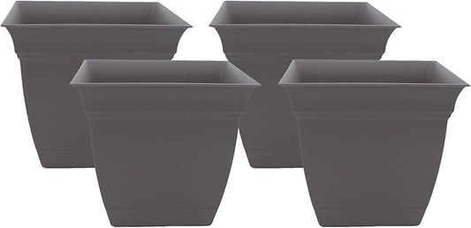 The HC Companies 12 Inch Eclipse Square Planter with Saucer - Indoor Outdoor Plant Pot for Flowers, Vegetables, and Herbs, Warm Gray (Pack of 4)