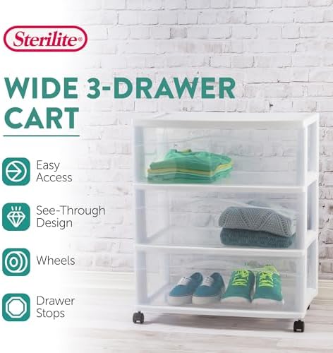 Sterilite Wide 3-Drawer Cart with Wheels for Bedroom and Dresser, 3-Pack