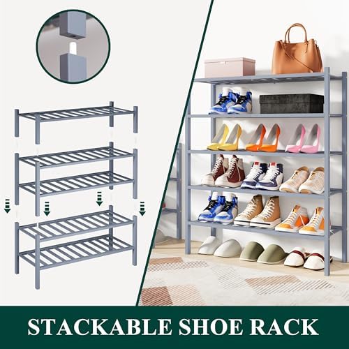 Smiry Bamboo Shoe Rack, 12 Vertical Slats, 3 Tier - 26.8" Wide, Grey
