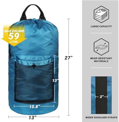 Laundry Bag with Shoulder Straps and Mesh Pocket Laundry Backpack Large Portable Laundry Hamper for College Laundromat Apartment (Light Blue)