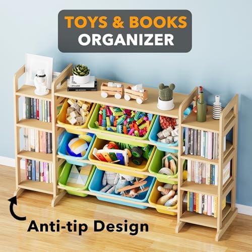 SpaceAid Large Toy Storage Organizer 9 Shelves 9 Bins, Toy Organizers Storage Bookshelf, Kids Bin Shelf Toys Box Bookcase for Bedroom Playroom Organization Room Decor, Multi-Colored