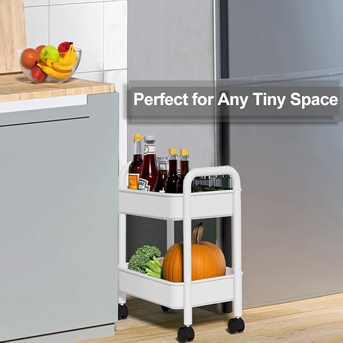 Melody House 2-Tier Utility Rolling Cart Storage Organizer Sofa Side Table with Wheels, Under Desk Mobile Trolley Organizer with Handle for Office Home Kitchen Organization, White