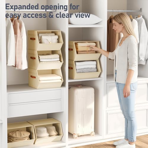 Stackable Closet Organizers and Storage Bins, Open Front Closet Shelf Organizer System With Steel Frame, Clothes Storage Basket Fabric, Collapsible Closet Drawers for Wardrobe, Nursery ,Toy, 6 Pack