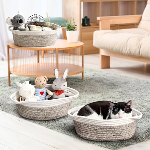 LANDNEOO Small Woven Basket with Gift Bags and Ribbons, Empty Decorative Gift Chest Box, Cute Baby Gift Basket for Nursery, Cotton Rope Room Shelf Storage Basket with Handles, 12"x 8"x 5", Brown