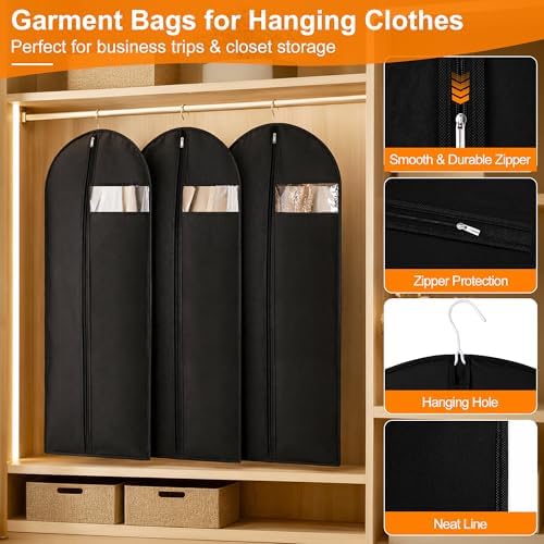 2 Pack Garment Bags for Hanging Clothes & Travel, 45" Suit Bag, Black