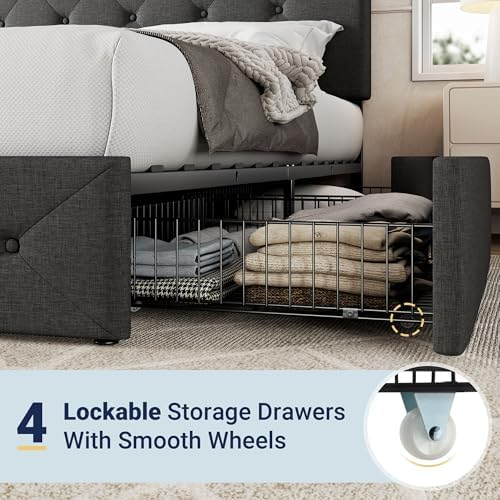 Allewie Full Size Storage Bed Frame with 4 Underbed Drawers, Dark Grey