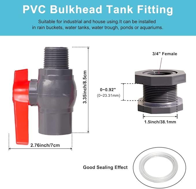 Ququyi 3/4 Inch PVC Rain Barrel Valve Spigot Kit with Ball Valve and Bulkhead Fitting Adapter for Water Tanks, Aquariums, Pools