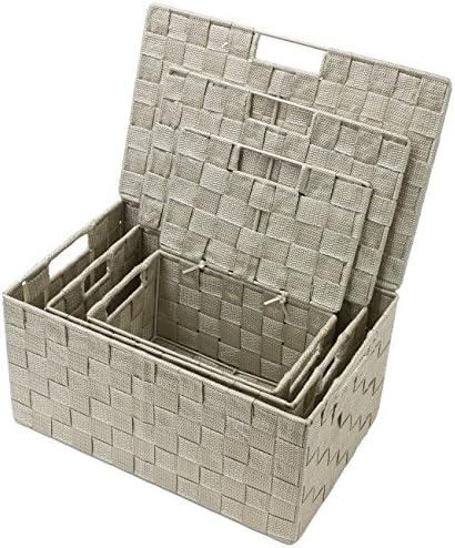 Sorbus Storage Basket with Lid, 3-Piece Woven Set for Shelves (Beige)