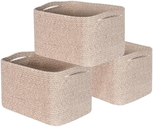 MINTWOOD Design 3-Pack Decorative Woven Storage Baskets for Shelves, Cube Bin Box for Organizing Books, Shoes, Dog Toys, Pantry Closet and Living Room Organizer, Oatmeal Brown