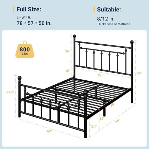 Allewie 14'' Full Size Metal Platform Bed Frame, Vintage Headboard, Black