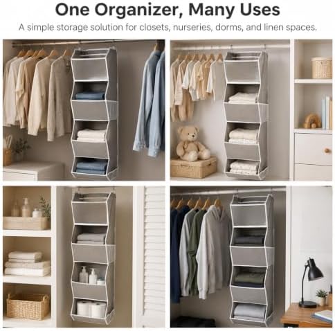 4-Shelf Hanging Closet Organizer and Storage, Fabric Storage Bins Bedroom Organization with Mesh Pockets, Collapsible Hanging Shelves Wardrobe Organization for Home, Dorm, Rv (Grey)