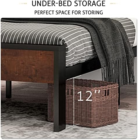 SHA CERLIN 14 Inch Queen Size Metal Platform Bed Frame with Wooden Headboard and Footboard, Mattress Foundation, No Box Spring Needed, Large Under Bed Storage, Non-Slip Without Noise, Mahogany