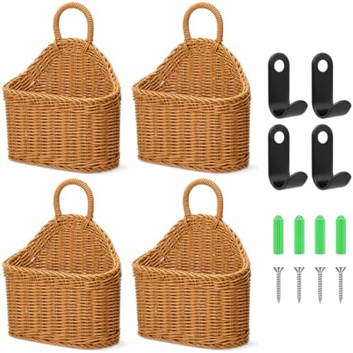 4 Pcs Hanging Wicker Baskets for Wall, with Hooks