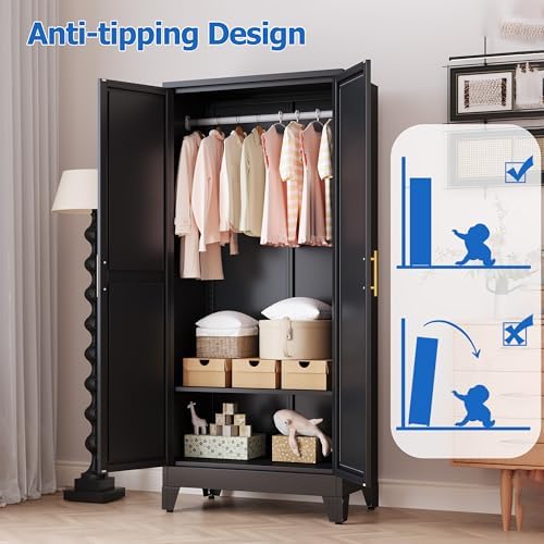 GAIOUS Metal Wardrobe Cabinet with Mirror and Hanging Rod, 71" Black