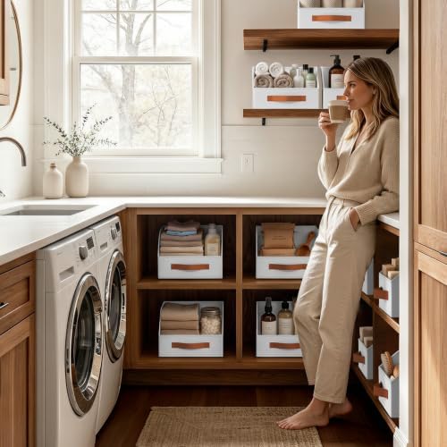 Homsorout Fabric Storage Bins for Organizing - 8 Pack Large Trapezoid Collapsible Storage Bins with Front Handle, Closet Organizers and Storage for Bedroom, Home Shelves, Small Spaces, White