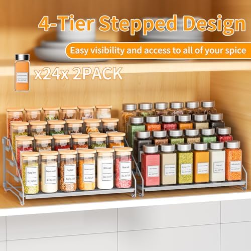 2 Pack Spice Rack Organizer for Cabinet, Depth Adjustable 4 Tier Spice Rack