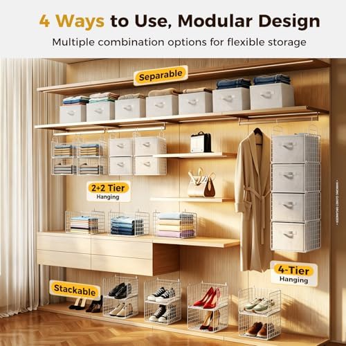 4 Tier Hanging Closet Organizer with 4 Drawers, White | Metal Hanging Shelves with 4 Hanging Hooks for Wardrobe Laundry Garage, No Sagging, Modular Design, Space Saving