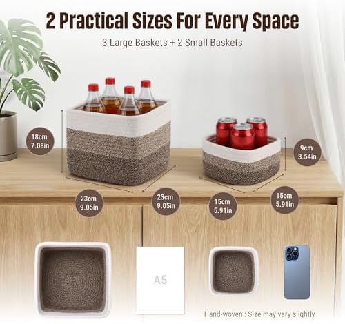 5-Pack Storage Cubes Woven Rope Baskets, 2 Sizes Organizer Bins | Ideal for Closet, Shelf, Bookshelf, Nursery, Changing Table, Cube Storage Bins, Storage Baskets for Bathroom Toy & Home