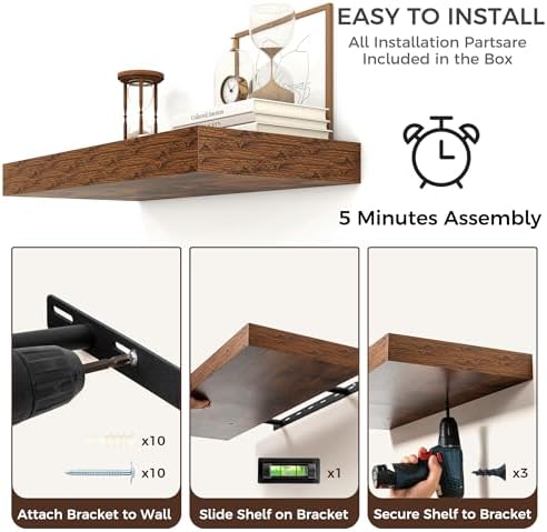 36 Inch Floating Shelves for Wall, 12"D Wood Storage Shelves, Brown Finish