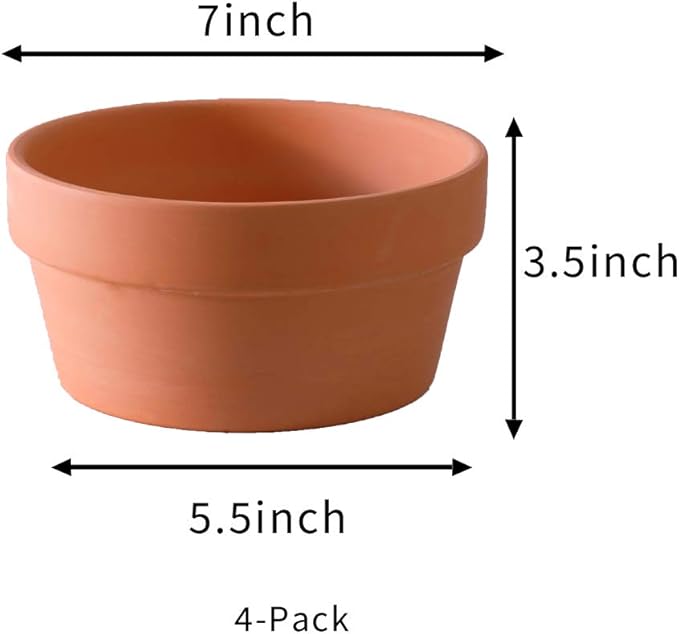 Yishang Terracotta Shallow Planters for Succulent - 7 Inch Cactus Plant Containers Indoor Garden Bonsai Pots with Drainage Hole - Set of 4, Unglazed Clay Ceramic Pottery Planter