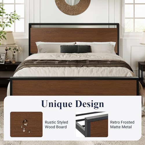 Allewie Queen Size Bed Frame, Heavy Duty 12 Metal Slats Support, Walnut