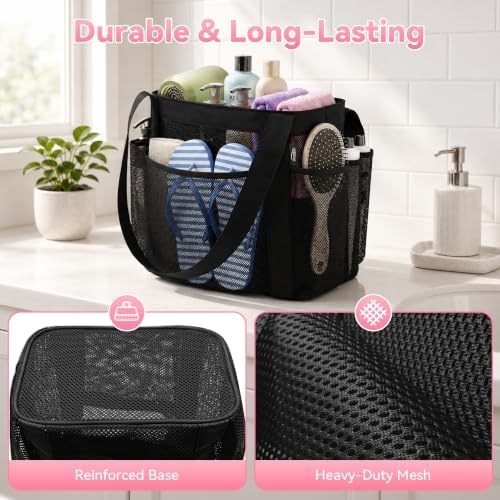 YASONIC Double Handles Mesh Shower Caddy Portable for College Dorm Essentials, 8 Pockets Large Capacity Shower Organizer for Girls, Quick-Dry Hanging Toiletry Bag for Bathroom Travel, Black