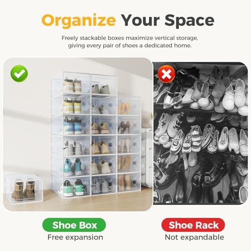 NEWBULIG 15 Pack Clear Shoe Storage Boxes, XXL-Stackable Sneaker Storage Case with Lids, Shoe Display Containers Organizer for Closet, Under Bed, Entryway, White