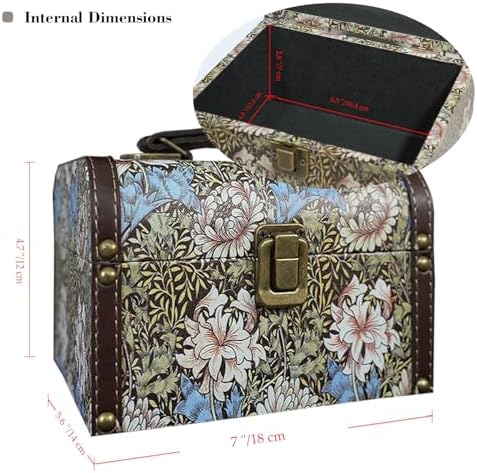 Vintage Decorative Storage Box with Handle, Retro Floral William Morris Keepsake Organizer Chest for Jewelry, Trinkets, Gift Packaging and Home Decor, 7 x 5.6 x 4.7 Inch