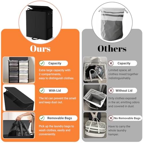 136L 2 Section Laundry Hamper with Lid, Laundry Basket, Black