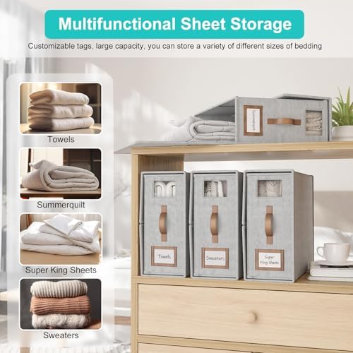 6 Pack Foldable Bed Sheets Set Organizers and Storage(Cal King Size),Linen Fabric Closet Organizers with Window,Folding Bedding Storage Box for Bedsheets and Pillow Cube Organizer-Gray