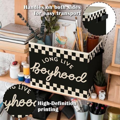 Black and White Checkered Long Live Boyhood Boys Storage Bins Box with Handles, Collapsible Basket Organizer for Kids Boy Nursery Room Bedroom Bathroom Playroom Books Clothes
