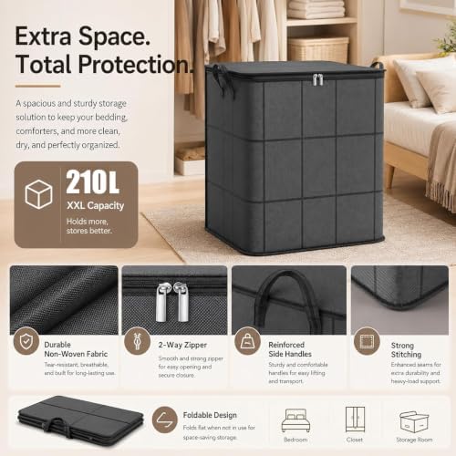 180L Spacious Moving Storage Bin - Large Capacity Zippered Fabric Organizer for Bedding & Clothes, Foldable Blanket Bag with Reinforced Handles for Quilts, Comforters & Moving Day，2：XL