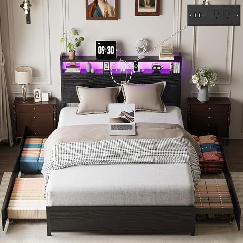 VINGLI Full Bed Frame with 4 Storage Drawers and Adjustable Headboard Shelf, Metal Double Platform Captain Bed with Charging Station and RGB LED Lights, No Box Spring Needed, Noise Free, Black