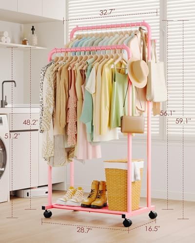 Sakugi Double Rod Clothes Rack Mesh Shelf & Hooks, 28.7x16.5x59.1, Pink
