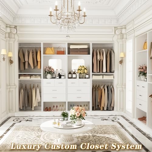 Unikito 100” Closet System with Drawers, 8.3FT Wood Closet Organizer with Hanging Rods and Mirror Design, Reversible Large Walk in Wardrobe Garment Rack with Shelves, Sturdy Closet Tower, White