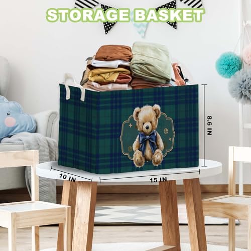 Teddy Bear Baby Shower Decorations,Teddy Bear Storage Baskets,Bear Nursery Decor,Large Square Canvas Laundry Hamper With A Waterproof PE Coating,Foldable Kids Toy Clothes Bins for Bedroom