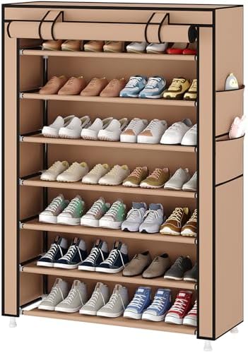 Laiensia 7-Tier Vertical Shoe Rack Organizer, Space Saving Shoe Storage Organizer, Non-Woven Cover Shoe Shelf Holds 28-35 Pairs for Bedroom, Hallway, Closet Entryway, Brown