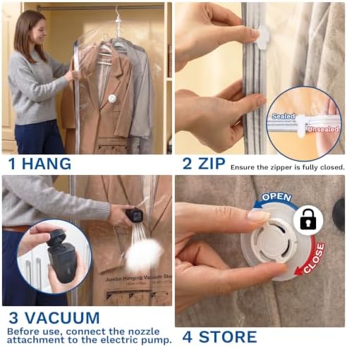 Hanging Vacuum Storage Bags, Space Saver for Clothing, 4 Long with Pump | Vacuum Seal Bags for Clothing with Electric Pump, Hanging Garment Storage for Jackets, Suit, Dresses, Winter Closet Organizer