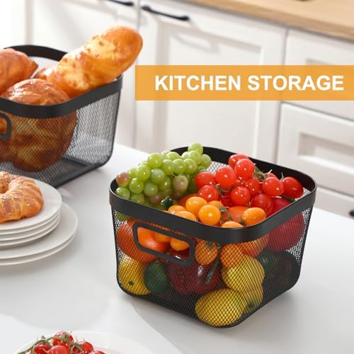MorningRo 6 Pack Metal Mesh Basket with Hollow Handles Black Wire Storage Bin for Organizing Stackable Metal Fine Mesh Basket for Pantry Bathroom Kitchen Cabinets Shelves (Medium)