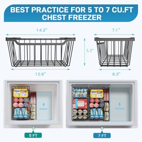 SUNALLY Freezer Organizer Bins, 4 Pack Stackable Chest Freezer Organizer for 5-7 Cu.FT Deep Freezer Sort Frozen Meats and Food, Freezer Storage Baskets with Handles Easy Reach from Bottom, Black
