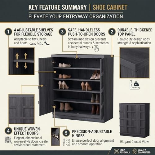 VividVibe 20-Pair Shoe Cabinet, 31" W x 14" D Shoe Storage Cabinet for Entryway, Shoe Rack with 4 Shelves and Doors, Fits Boots & Men's Size 12, Charcoal Oak