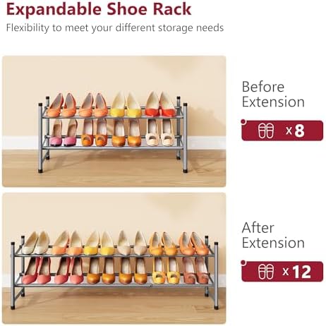 Tajsoon Expandable Shoe Rack for Closet 2 Tier, 28“-41“Stackable, Grey