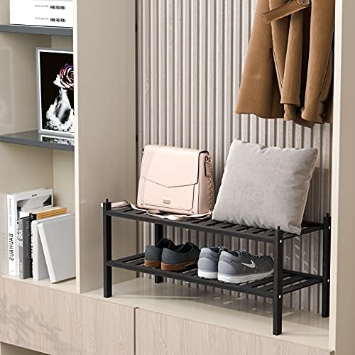 Dranixly Shoe Rack, 2-Tier Bamboo Stackable Shelf Storage Organizer, Stand for Closet, Entryway and Hallway （Black）