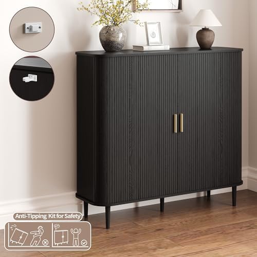 DHH Shoe Storage Cabinet with Sliding Door, 6-Tier Shoe Cabinet with Adjustable Shelves, Mid Century Modern Freestanding Shoe Storage Organizer for Entryway, Hallway, Living Room (Black, 47 ")